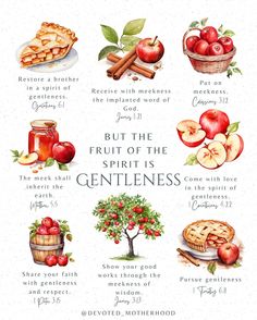 the fruit of the spirit is gentleness poster with an apple tree, apples and cinnamons