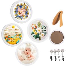 three plates with flowers and pictures on them, one has a baby in the middle