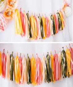 two pictures of tissue tassels hanging on clothes pins and flowers in the background