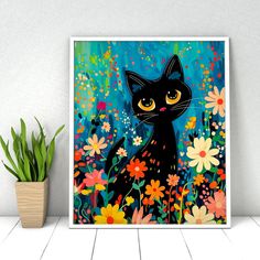 a painting of a black cat surrounded by flowers