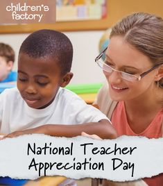 a woman and child are looking at an appreciator's book with the words national teacher appreciation day on it