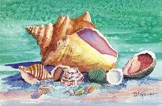 a painting of seashells and shells on the beach