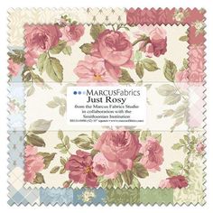 an assortment of paper with pink roses on it and the words, marcus fabrics just rosy