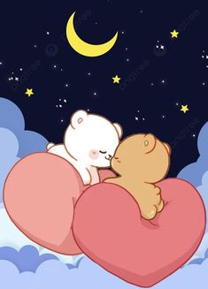 two teddy bears sitting on top of a heart in the sky with stars and moon behind them