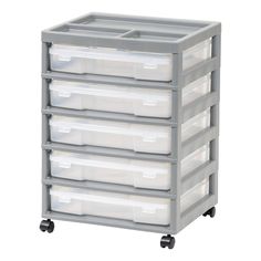 the four drawers are on wheels with plastic bins