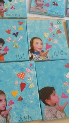 several pictures of children with hearts and butterflies on them are arranged in the shape of squares