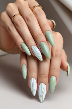 Milky White And Green Nails, Sage Gold Nails, Green Nails Ideas Simple, Nail Art Designs Green Colour, Eucalyptus Nail Design, Light Green Hoco Nails, White And Green Nails Ideas, Nails Gel X Designs, White And Light Green Nails