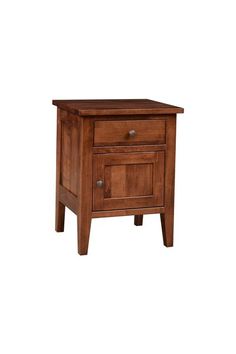 a wooden nightstand with two drawers on one side and an open drawer on the other