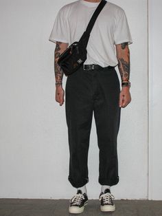 Dickies Aesthetic Outfit Men, Skateboys Aesthetic, Black Tee Outfit Men, Retro Urban Fashion, British Streetwear, Grunge Outfits Men Summer, Metalcore Outfits Men, Rock N Roll Outfit Men, Pop Punk Outfits Men