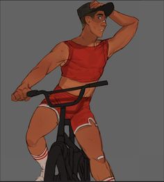 a drawing of a man riding a bike wearing shorts and a hat with his hands behind his head