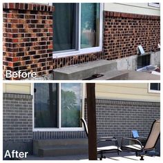 before and after shots of a brick house with windows being replaced to look like bricks