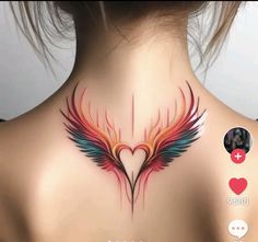 the back of a woman's neck with colorful wings on it and an image of a