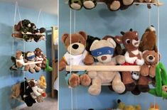 two pictures of stuffed animals hanging from hooks in a child's playroom with toys