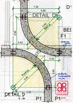 a drawing of a curved road with the words detail d and b in red on it