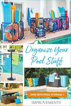 the pool stuff is organized and ready to be used in an outdoor space for swimming