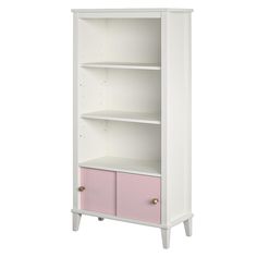 a white and pink bookcase with two drawers