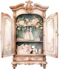 an antique china cabinet with flowers painted on the doors and shelves, including a teddy bear