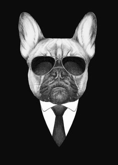 a black and white drawing of a dog wearing sunglasses with a suit on it's head