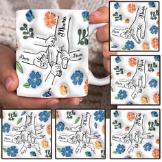 a person holding a coffee mug with drawings on it