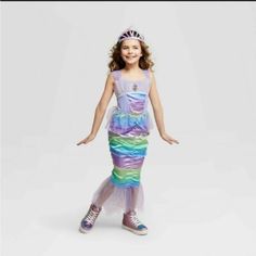 Hyde & Eek! Kids Iridescent Mermaid Costume (Medium 7/8) - Nwt!! Still In Package/Never Worn Medium Chest 28" Waist 22" - 28" Dress Length 39" Child Size 7-8 Items Included Dress Features 100% Polyester Satin & Knit Mesh; 100% Nylon Organza Pullover Dress Has Elastic Back Waistband Satin Body, Knit Mesh Shoulder Straps & Hem Ruffle Organza Overlays At Hips & Chest Plastic Faux Gem In Filigree Setting At Front Neckline This Dress Has Beautiful Green, Purple, And Blue Colors In A Swimmingly Pretty Mermaid Dress Girls, Mermaid Costume Kids, Mermaid Halloween Costume, Mermaid Halloween Costumes, Little Mermaid Dresses, Iridescent Mermaid, Mermaid Halloween, Rainbow Mermaid, Up Costumes