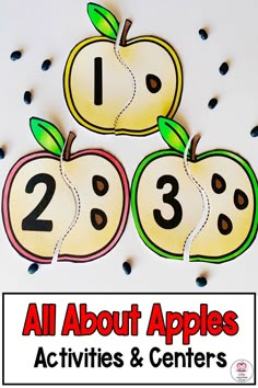 three apples with numbers on them and the words all about apples