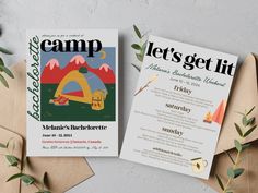 two camp brochures sitting next to each other on top of envelopes and paper