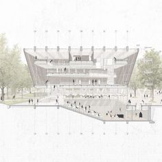 an architectural drawing of a building with people walking around it