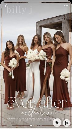 the bridesmaids are posing in their brown dresses