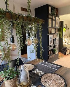 a living room filled with lots of furniture and plants on top of it's shelves