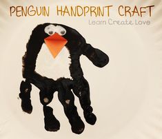 a penguin handprinted on a plate with the words learn craft written across it