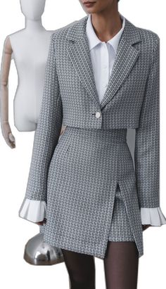 Elegant Tweed Jacket With Houndstooth Pattern, Elegant Tweed Jacket With Houndstooth Pattern And Suit Collar, Chic Semi-formal Winter Skirt Suit, Elegant Houndstooth Outerwear For Semi-formal Occasions, Chic Tweed Jacket With Suit Collar, Elegant Tweed Skirt Suit For Work, Elegant Tweed Skirt Suit For Office, Chic Fitted Tweed Jacket With Button Cuffs, Elegant Fitted Houndstooth Tweed Jacket