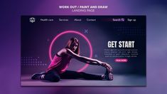 a woman is doing yoga in front of a purple background with the words work out, paint and draw landing page