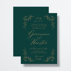 a green and gold wedding card with an ornate design on the front, side and back