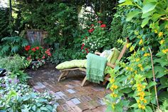 a garden with lots of flowers and plants around the area, including an outdoor bench