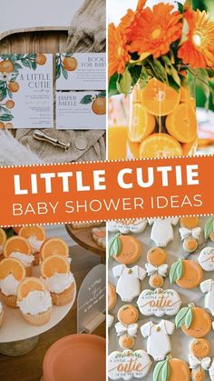 a collage of baby shower themes with oranges and cupcakes in them