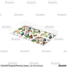 colorful tropical parrots serving tray with white background