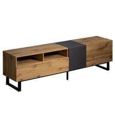 a wooden entertainment center with black metal legs and two color panels on the front side