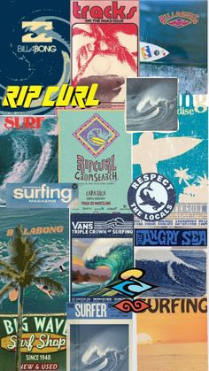 a collage of various surf related items