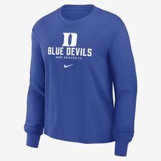 Made with bold team details and soft cotton fabric, this Primetime University Boxy T-Shirt helps you comfortably support the Duke Blue Devils in cooler weather. Long Sleeve Cotton T-shirt With University Logo, Long Sleeve University Logo Tops For Sports Season, University Logo Long Sleeve Tops For Sports Season, Nike Long Sleeve Fan Gear Top, Long Sleeve Tops With University Logo For Sports Season, Blue Long Sleeve T-shirt For School Spirit, Blue Team Spirit Sweatshirt With Team Name, Blue Long Sleeve T-shirt With Team Spirit, Blue Team Logo Sweatshirt For Sports Season