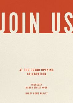 a red and white party card with the words join us at our grand opening celebration