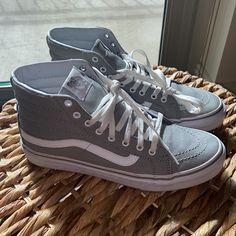 Unisex, Can Also Fit A Men’s Size: 7.5 Excellent Brand New Condition With Minimal Wear Worn Outside Once For A Photoshoot Vans Great For Outdoor Casual Wear, Everyday Wear, Etc. Pet& Smoke Free Home I Don’t Have The Original Box But Will Ship Out In A Different Vans Box Or Bubble Wrapped Nicely With Care Vans Hi, Shoes Vans, Hi Top, Womens Vans, Vans Shoes, Gray White, Top Sneakers, Original Box, Casual Wear