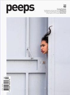 the cover of peeps magazine features a woman peeking out from behind a door with her hair blowing in the wind