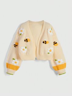 Lovely Countryside Contrast Color 3D Flower & Bee Embroidery Lantern Sleeve Cardigan Sweater Yellow   Long Sleeve Knitwear   Slight Stretch  Women Clothing, size features are:Bust: ,Length: ,Sleeve Length: Bee Themed Outfit Aesthetic, Cute Clothes Plus Size, Yellow Aesthetic Clothes, Fun Cardigans, Aesthetic Cardigans, Cute Yellow Outfits, Yellow Wardrobe, Lantern Sleeve Cardigan, Kidcore Clothes