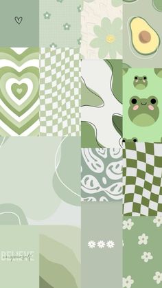 a green and white patchwork design with hearts, flowers, and an avocado