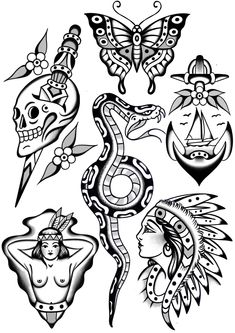 an image of tattoos with different designs on the body and head, including a snake, skull