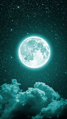 the full moon is shining brightly in the night sky with clouds and stars around it