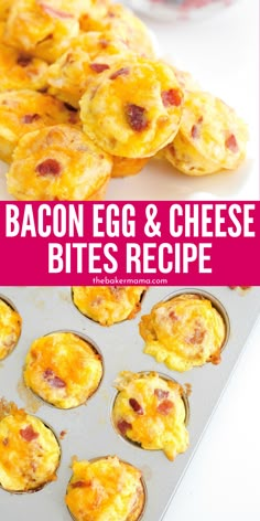 bacon egg and cheese bites recipe in muffin cups on a baking sheet with text overlay