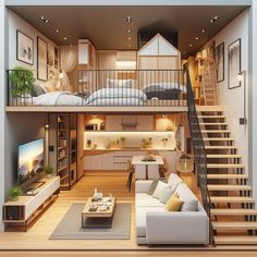 a living room filled with furniture next to a staircase leading up to a loft bed