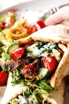 a close up of a person holding a burrito with meat and veggies