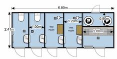 the floor plan for a bathroom with two toilets and three stalls, all in blue